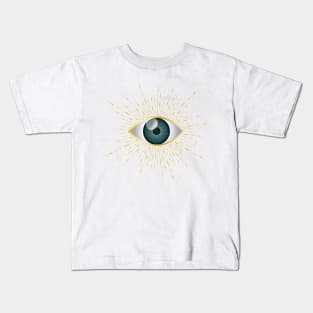 Teal Green Evil Eye Gold Eyelashes Sun Moon Star Nazar Mati Talisman Kids T-Shirt